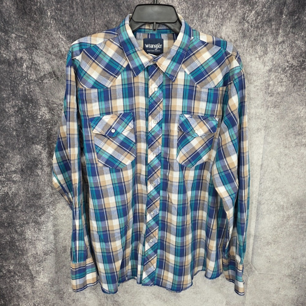 Wrangler Western Shirt Mens XL Blue Plaid Pearl Snap Cowboy‎ Lightweight Vtg